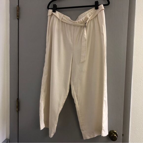 SOFT SURROUNDINGS Tencel Capri Wide leg Pants, Cream Front tie belt, Sz Large - Picture 1 of 11